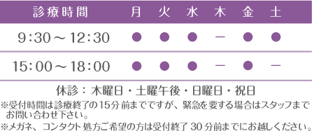 診療時間 9時半~12時半 15時~18時、休診:木曜日・日曜日・祝日・土曜日午後 ※メガネ、コンタクト処方ご希望の方は受付終了30分前までにお越しください。